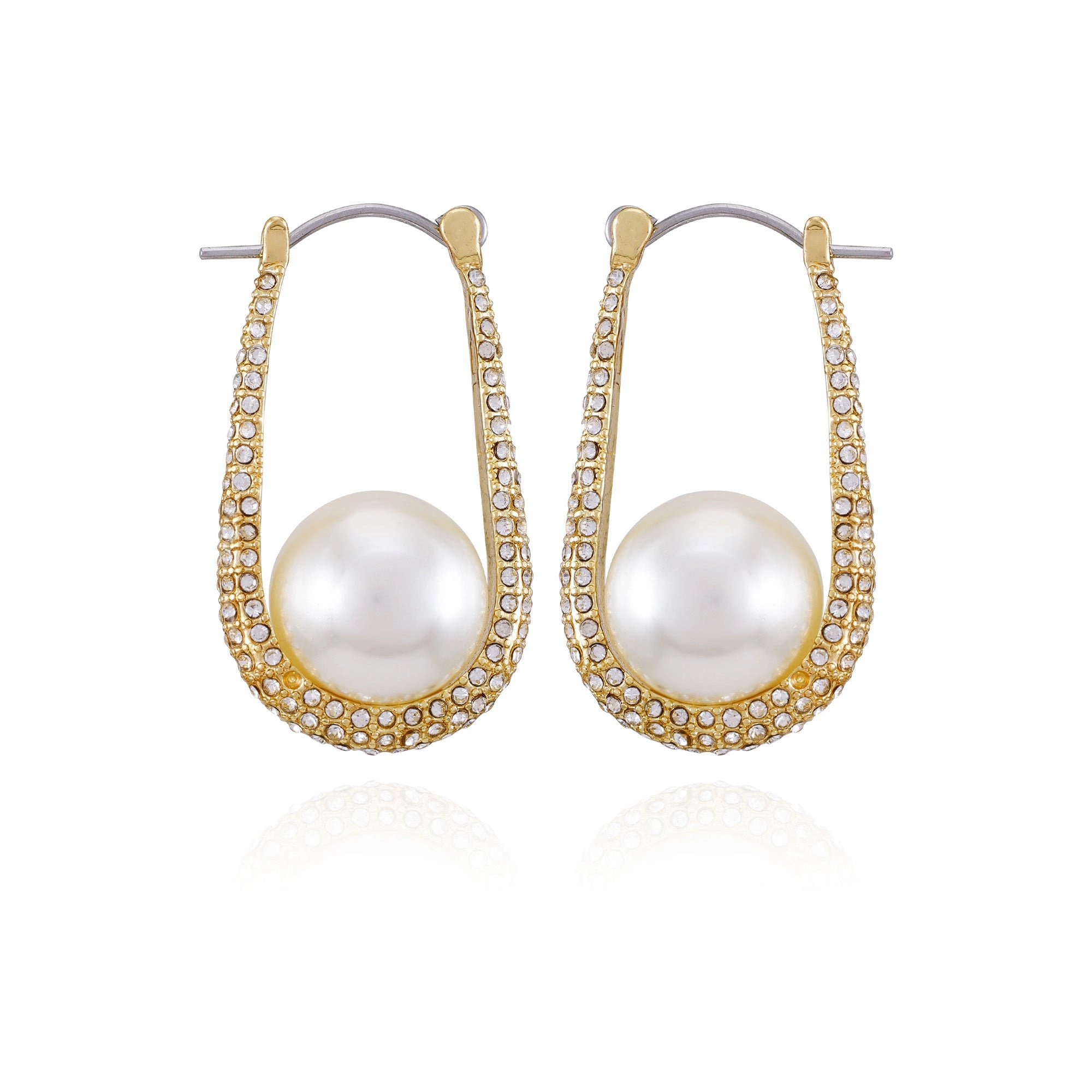 Goldtone Crystal Stone Pearl Hoop Earrings
