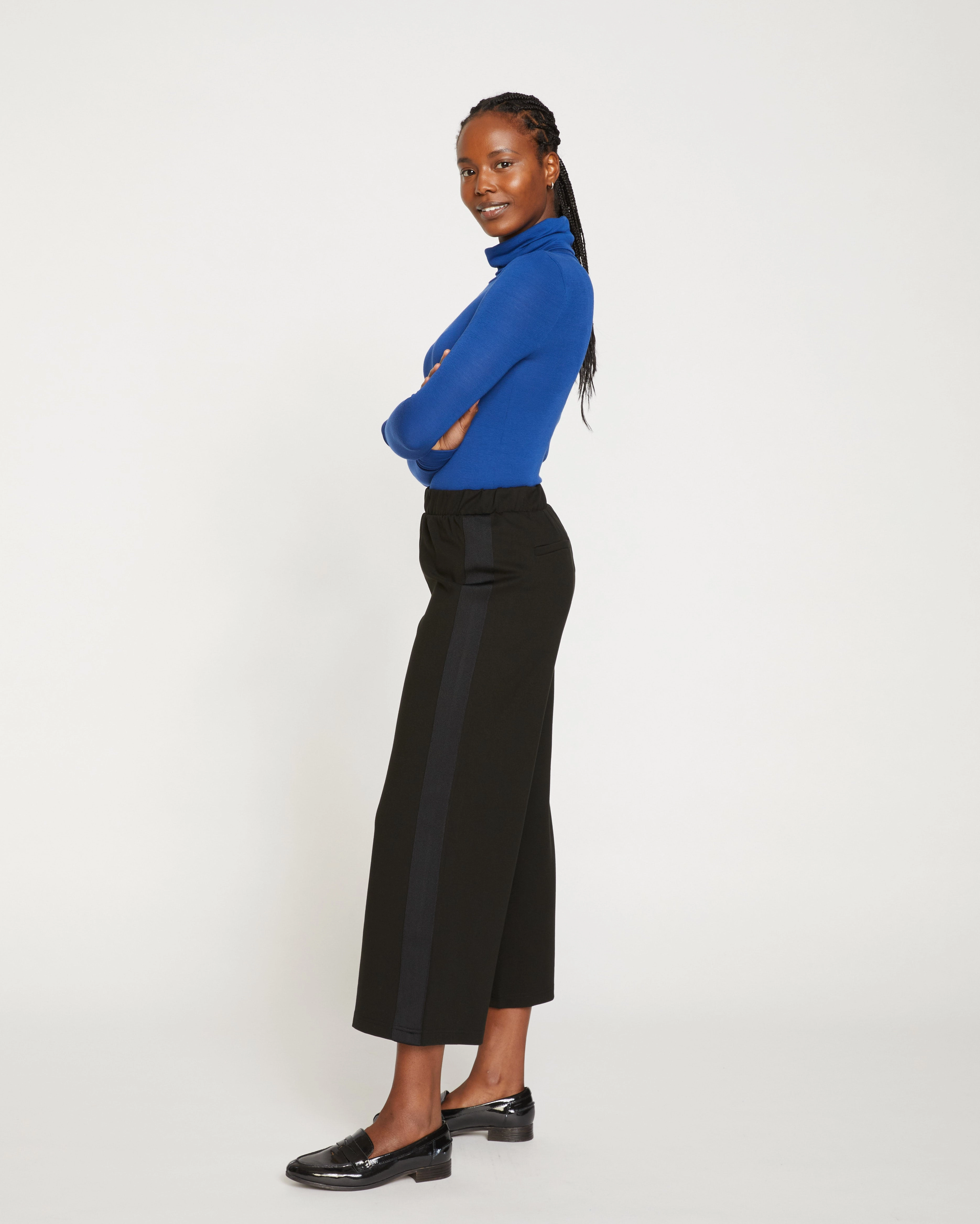 Stephanie Wide Leg Stripe Ponte Pants 27 Inch - Black with Black Stripe