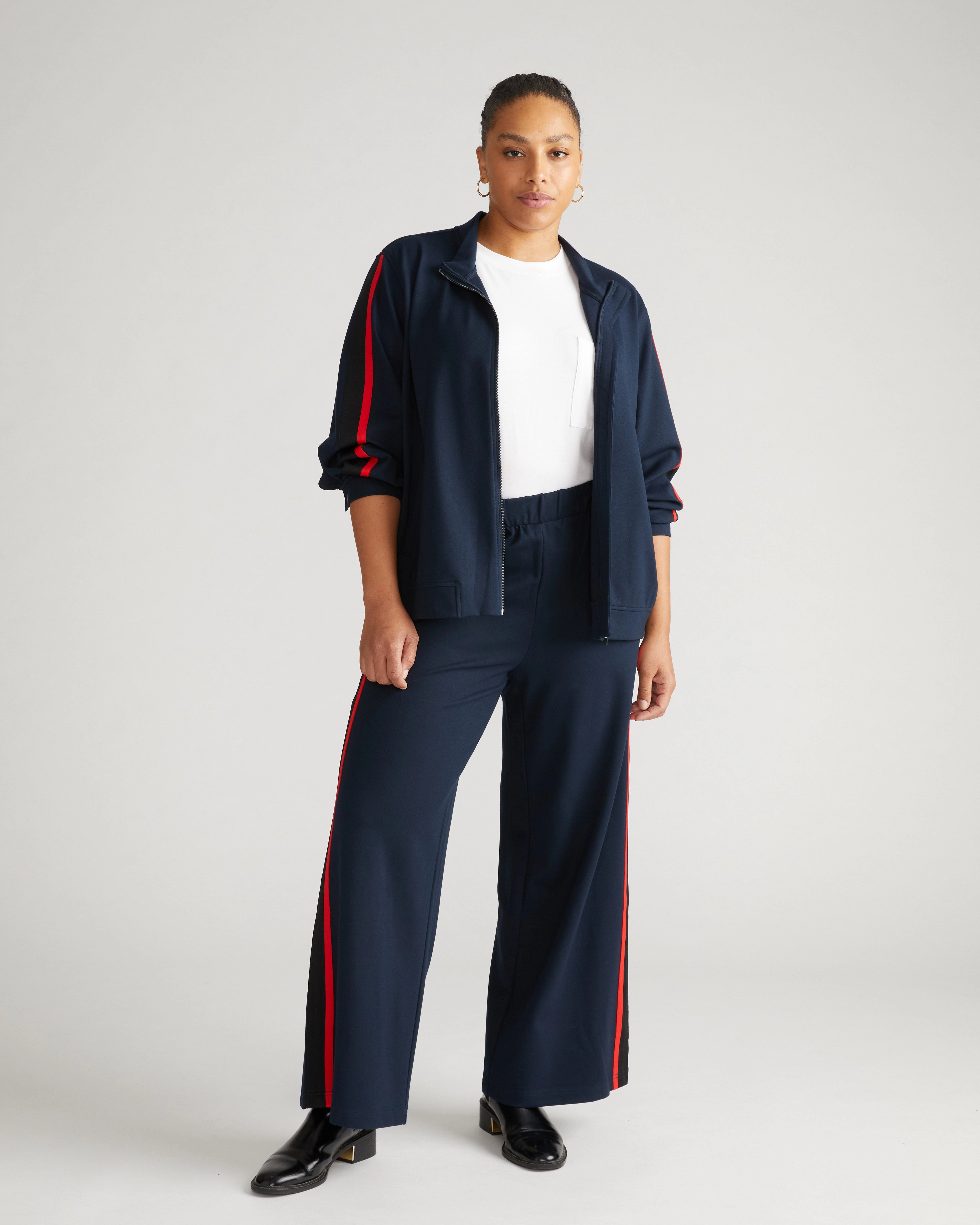 Stephanie Wide Leg Stripe Ponte Pants 30 Inch - Navy with Shoreline Sunset/Black Stripe