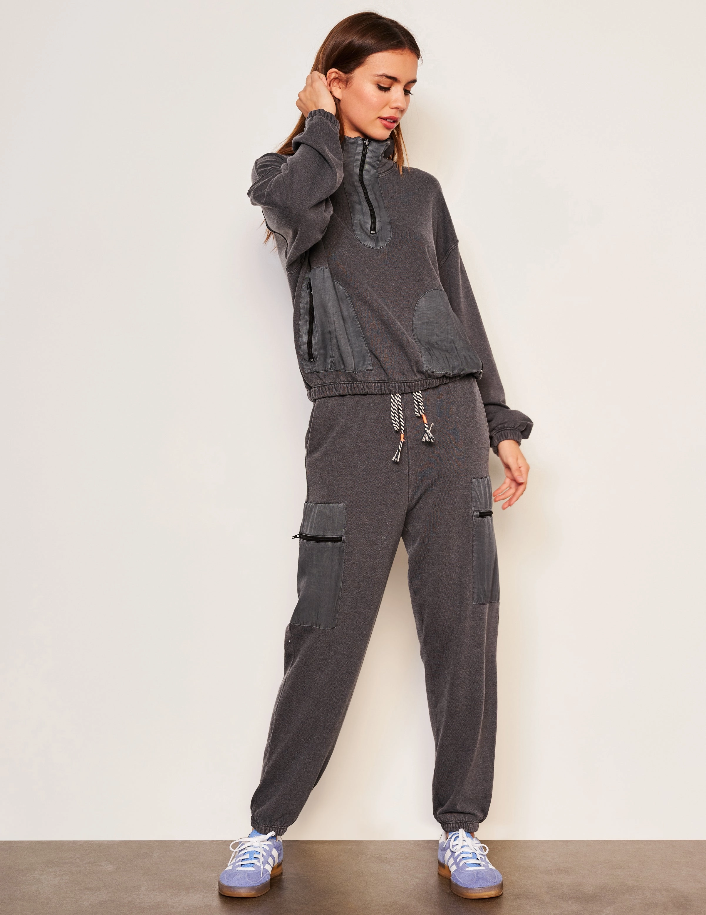 Sundry Mixed Media Half Zip Popover & Sundry Jogger Stripe Set in Washed Black