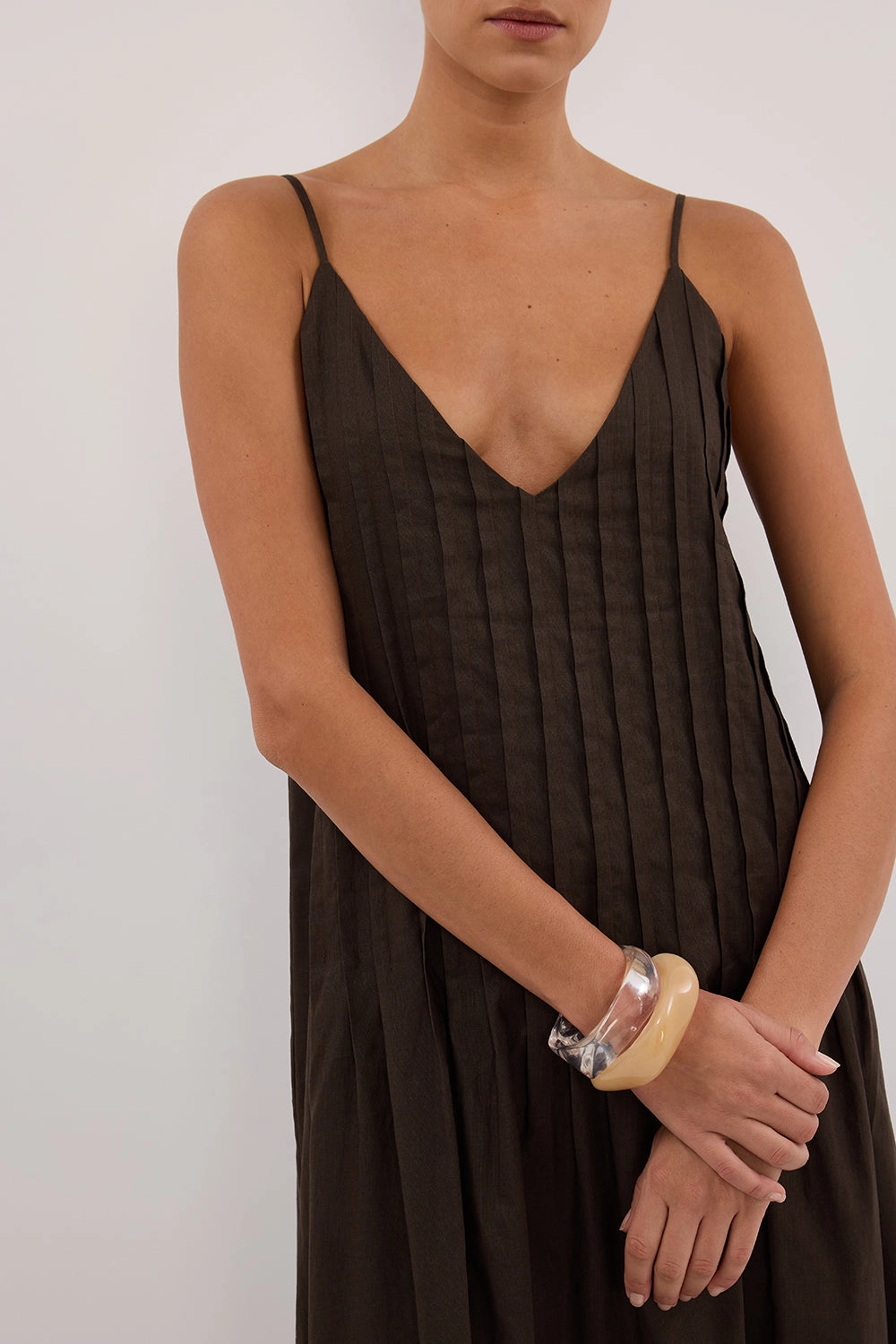 TAHLIA BITTER CHOC LINEN BLEND MIDI DRESS