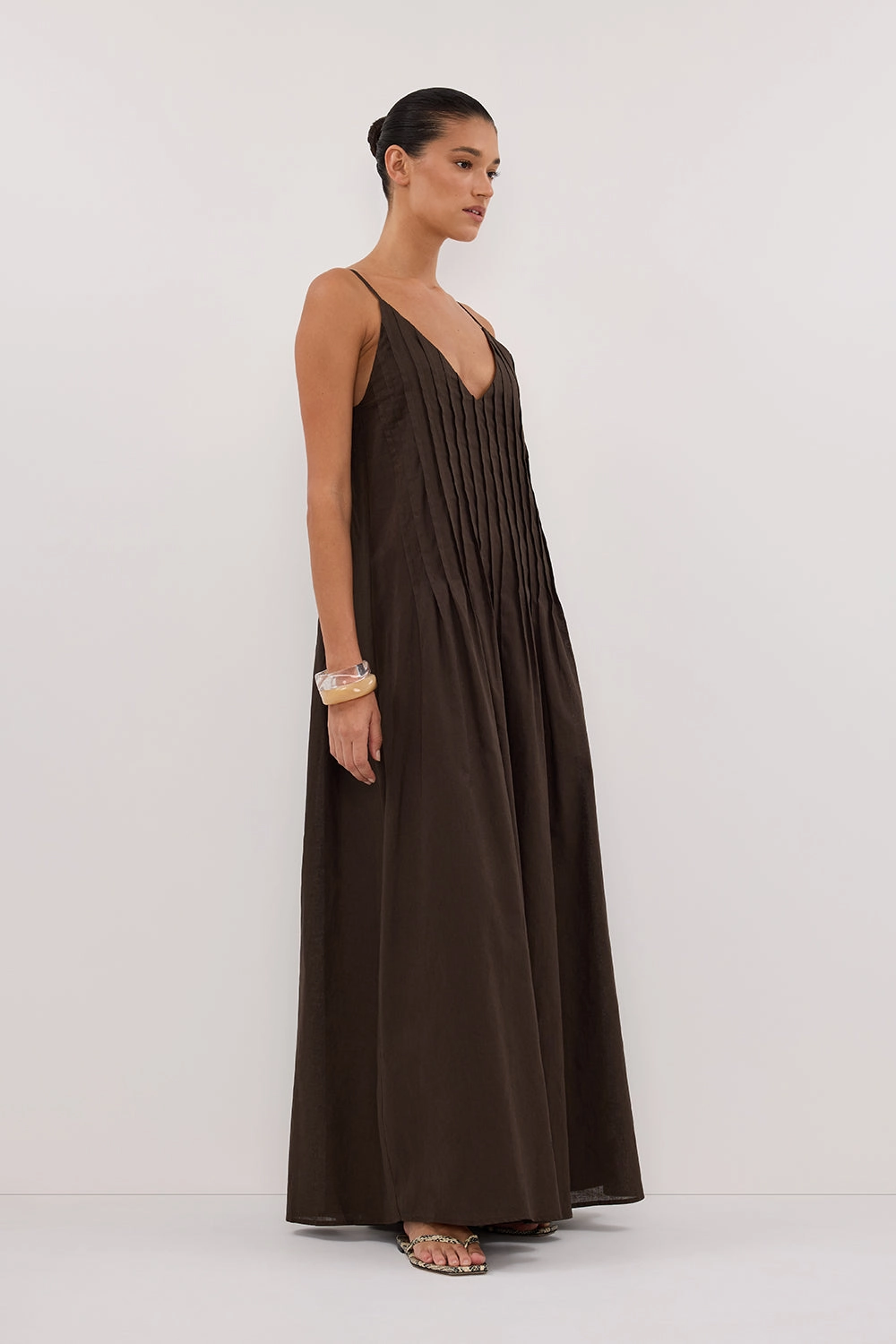 TAHLIA BITTER CHOC LINEN BLEND MIDI DRESS