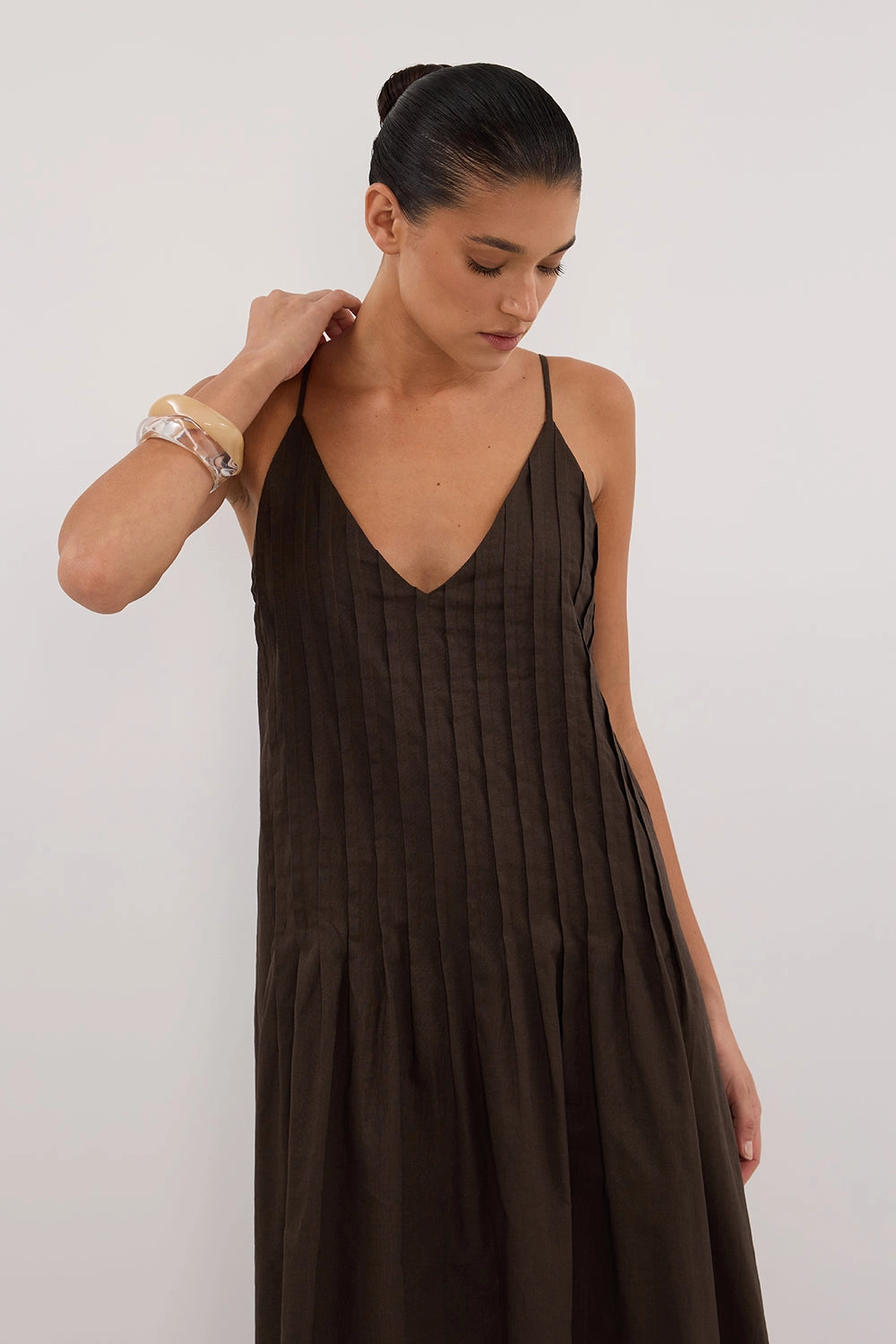 TAHLIA BITTER CHOC LINEN BLEND MIDI DRESS