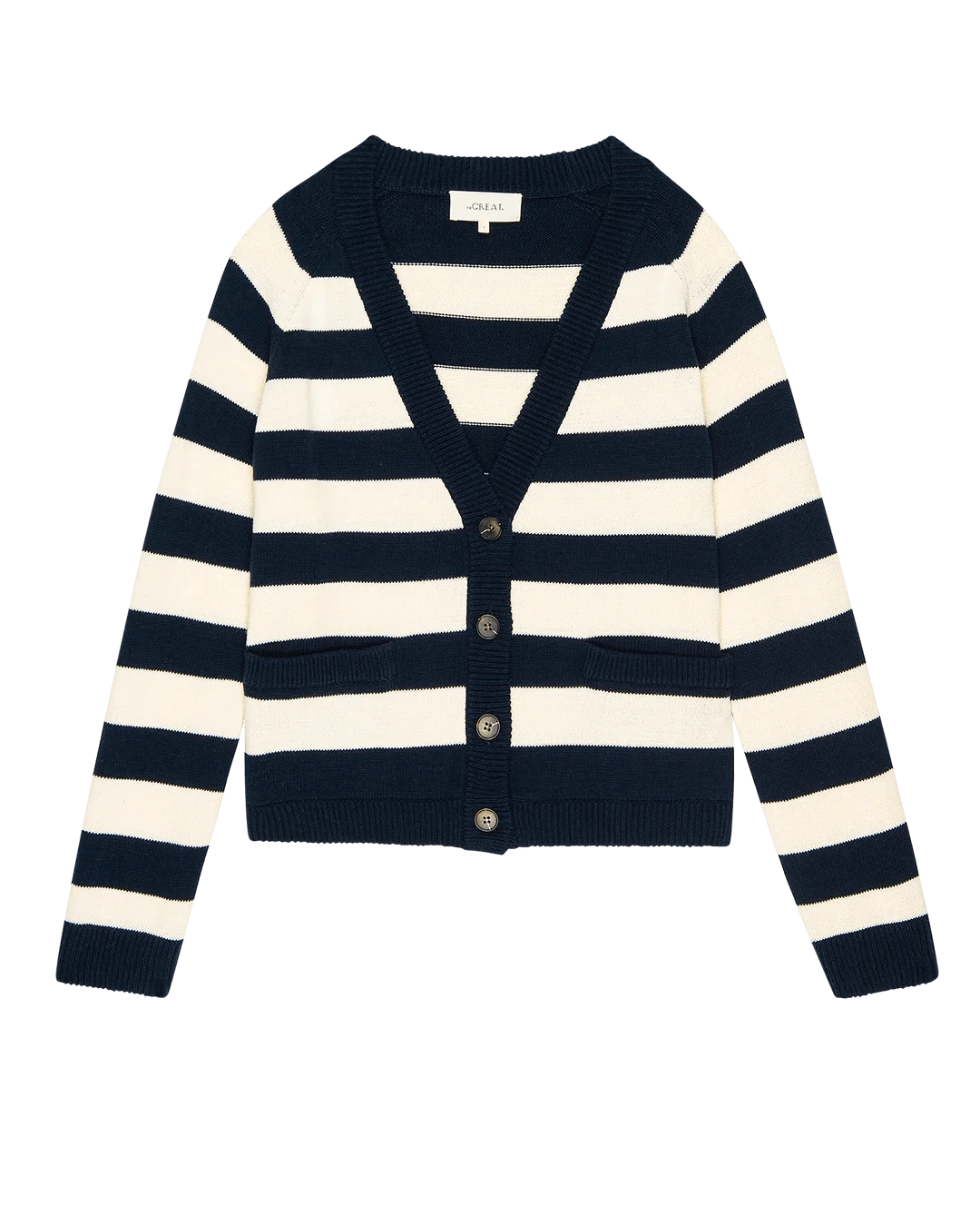 THE GREAT - Navy Range Stripe Varsity Cardigan