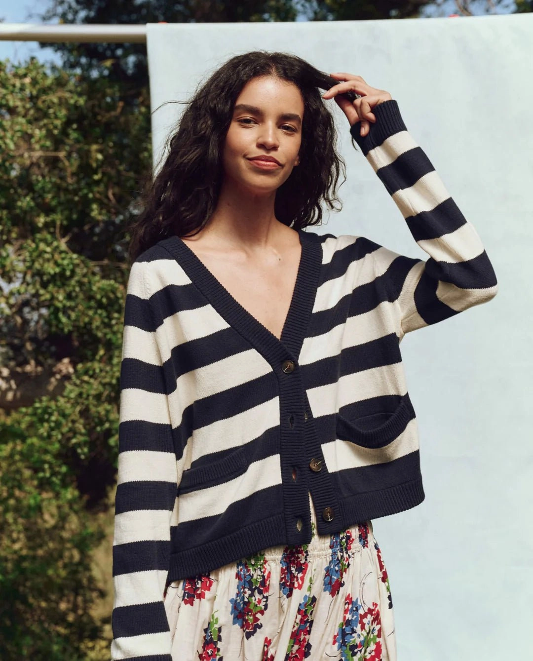 THE GREAT - Navy Range Stripe Varsity Cardigan