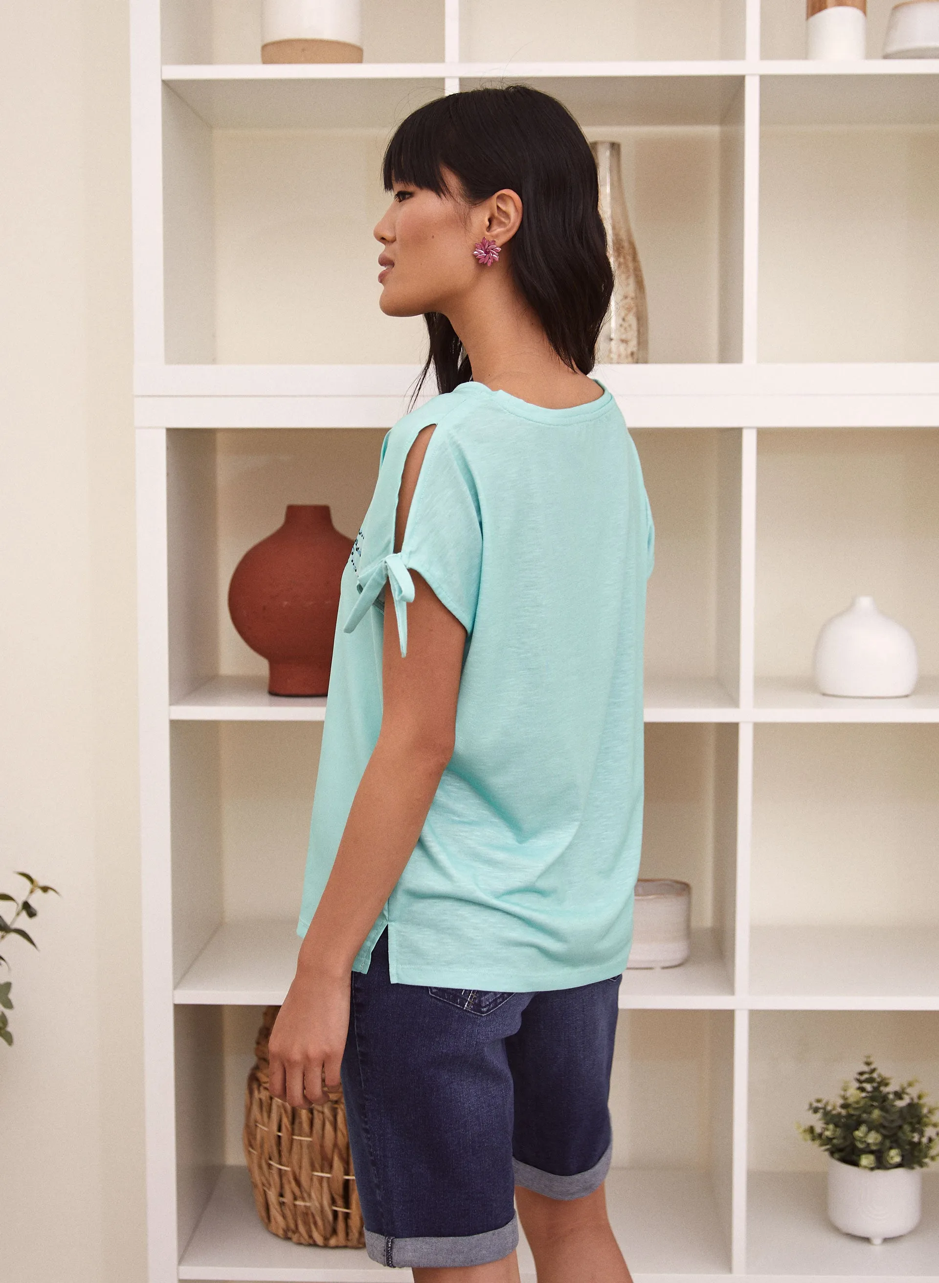 Tropical Print Tie Sleeve Tee