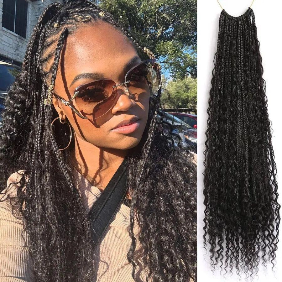 WOWANGEL Boho Crochet Box Braids with Human Hair Curls Pre-Looped Crochet Hair