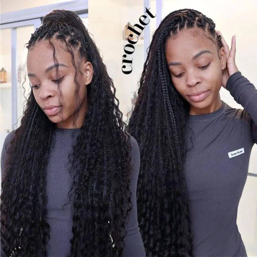 WOWANGEL Boho Crochet Box Braids with Human Hair Curls Pre-Looped Crochet Hair