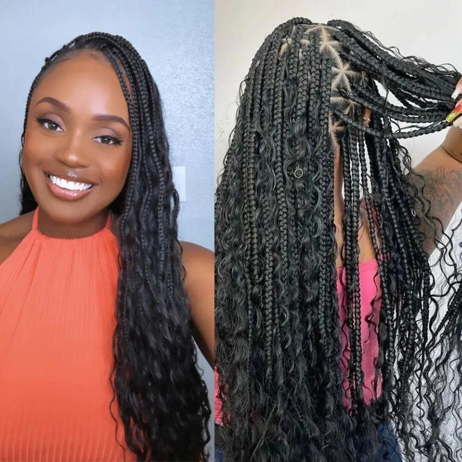 WOWANGEL Boho Crochet Box Braids with Human Hair Curls Pre-Looped Crochet Hair