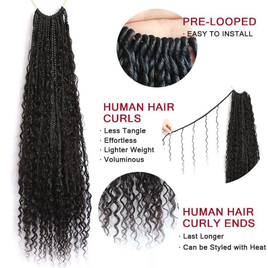 WOWANGEL Boho Crochet Box Braids with Human Hair Curls Pre-Looped Crochet Hair