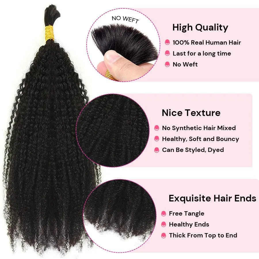 WOWANGEL Bulk Human Hair for Braiding Afro Kinky Curly 100g