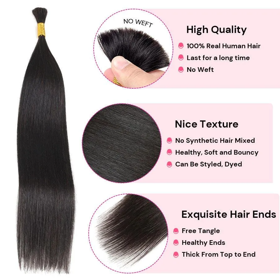 WOWANGEL Bulk Human Hair for Braiding Straight Nature Black 100g